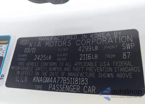 2011 Kia Optima Lx z USA, uszkodzony, nr VIN KNAGM4A77B5118183